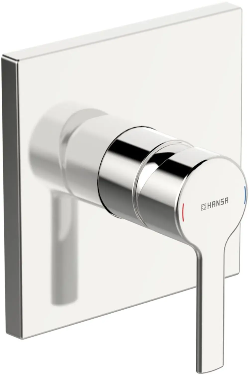 Chromfarbener Einhebelmischer mit runder Steuerung, montiert auf eckiger Rosette. HANSAs Design ist modern und funktional für eine Brausebatterie.